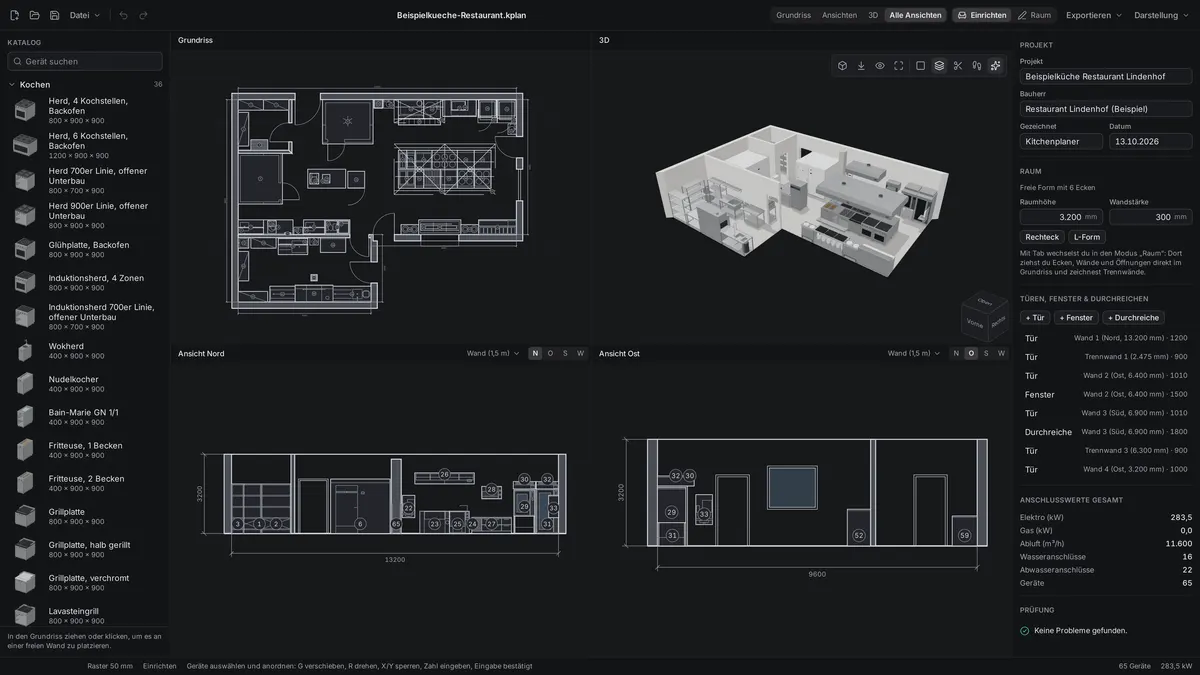 Kitchenplaner mit der Beispielküche: links der Katalog, in der Mitte Grundriss, 3D-Ansicht und zwei Wandansichten, rechts die Anschlusswerte des Projekts.