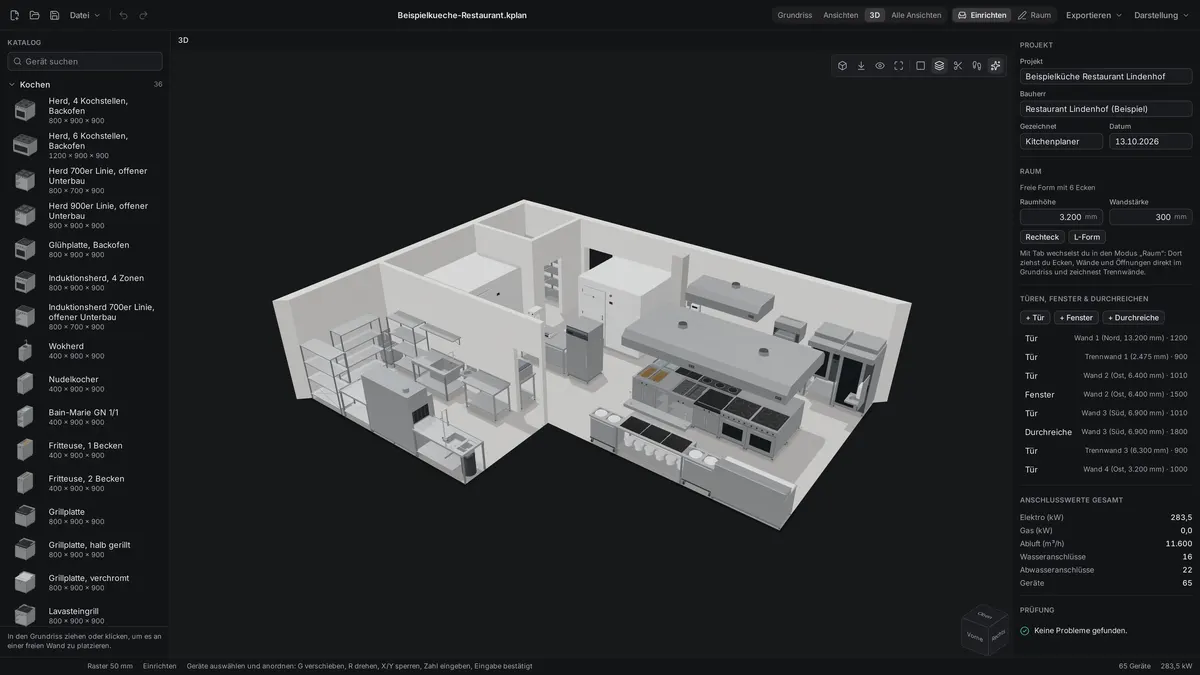 Die Küche in 3D aus Südost, die Wände zur Kamera ausgeblendet